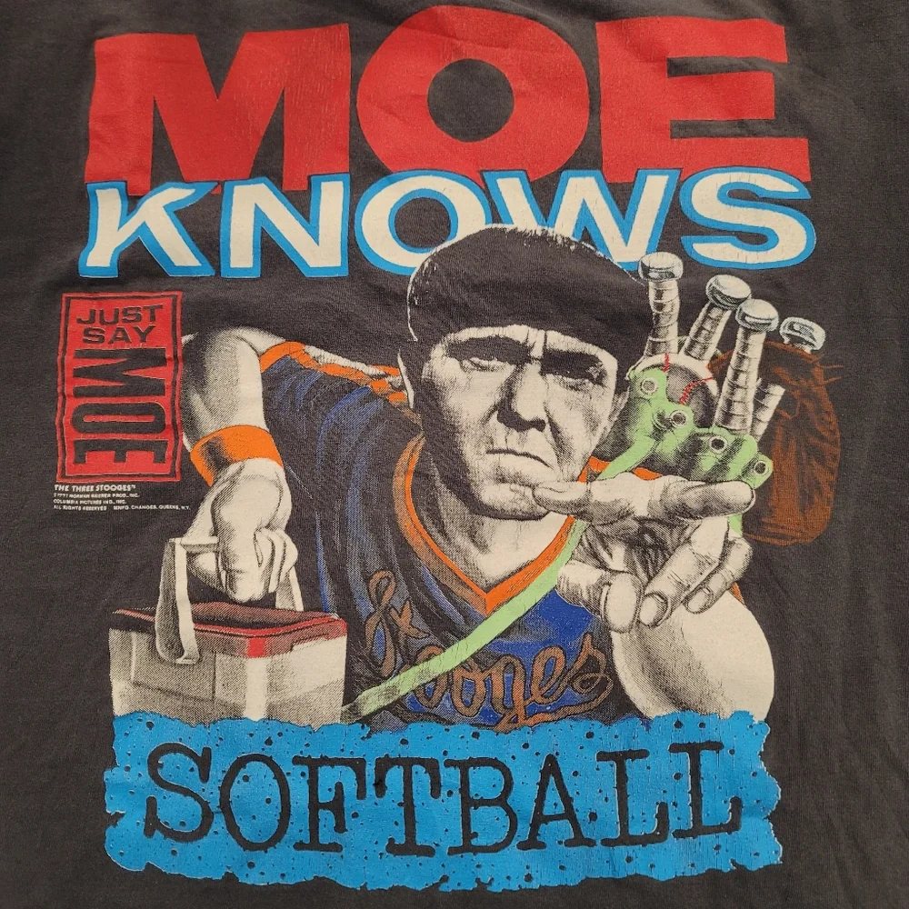 Vintage 1991 Three Stooges Moe Knows Softball Single Stitch T-Shirt Made in USA - Picture 4 of 8